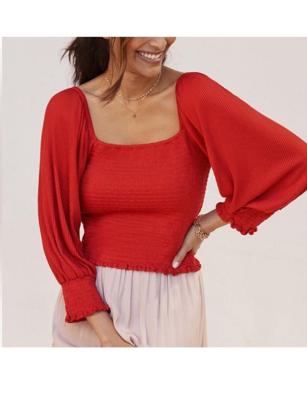 Anthropologie Red Smocked Balloon Sleeve Top Size Small